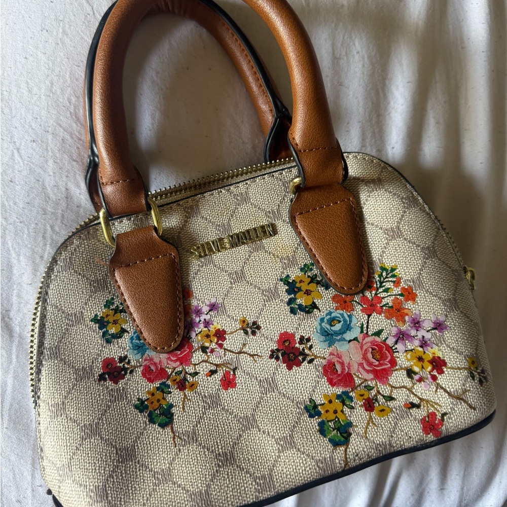 Steve Madden Floral Satchel in Cream and Tan with Multicolor Flowers